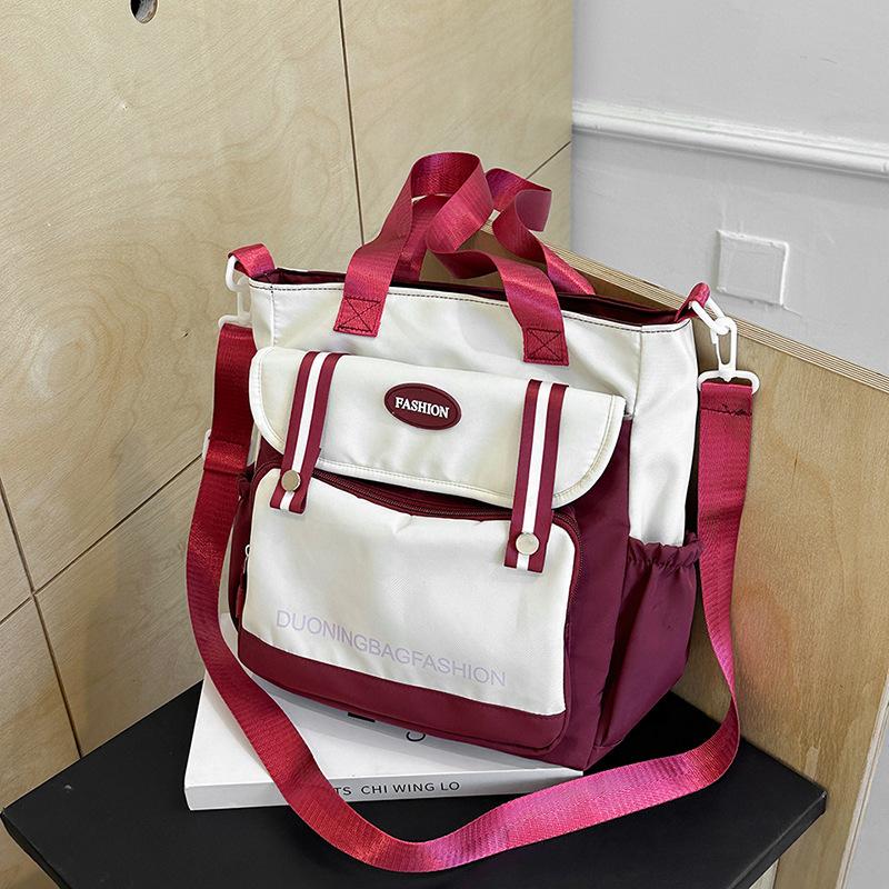 Japanese Style Color Block Canvas Tote Bag for Students, Large Capacity Book Shoulder Bag with Handles, Casual School Commute Handbag