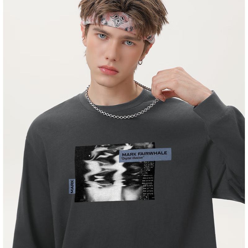 Mark Hua Fei Men's Trendy Heavyweight Loose Fit Pure Cotton Long Sleeve Crew Neck T-Shirt
