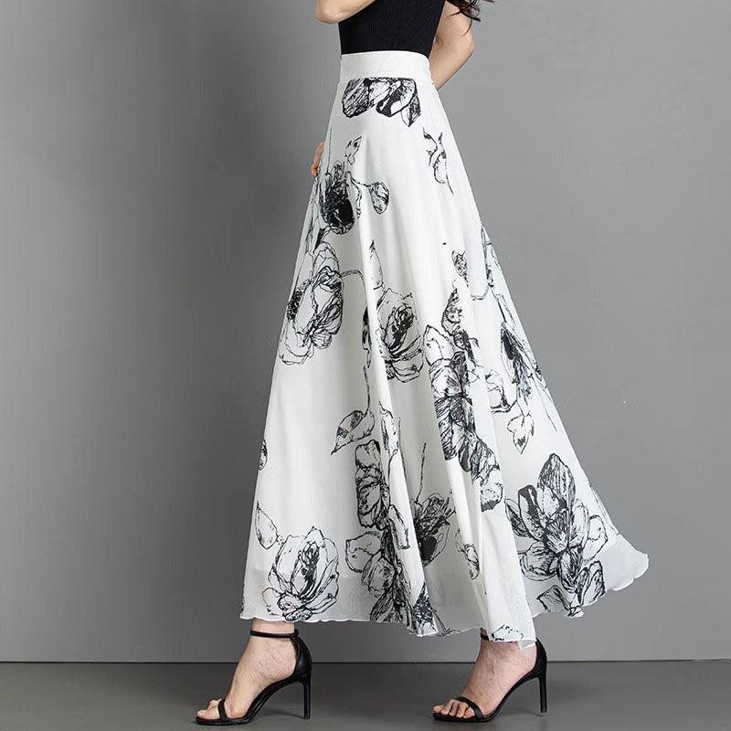 Letnia retro czarna drukowana szyfonowa spódnica do połowy długości z wysokim stanem i długą spódnicą w kształcie litery A, duża spódnica parasolowa z kwiatowym wzorem dla kobiet