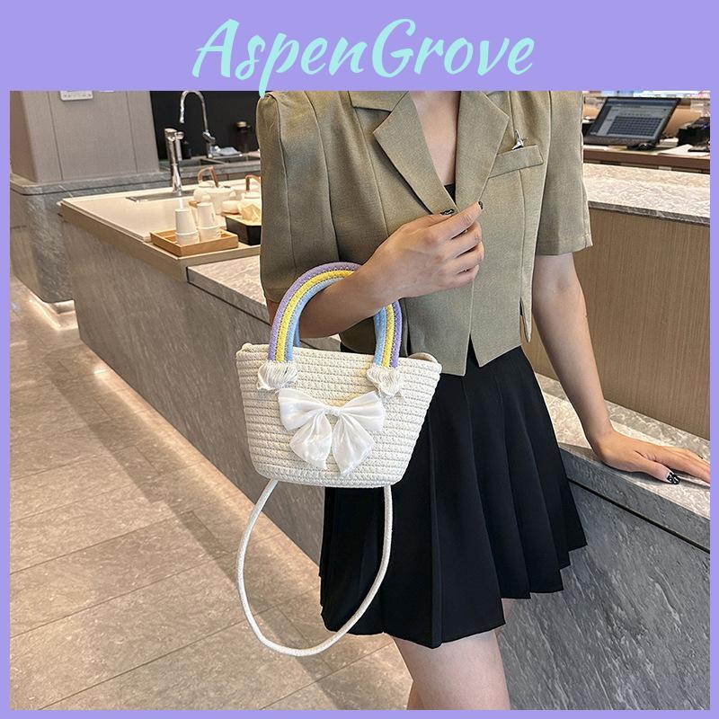 Trendy Woven Straw Bucket Bag With Bow Fashionable Casual Handbag For Women 2023