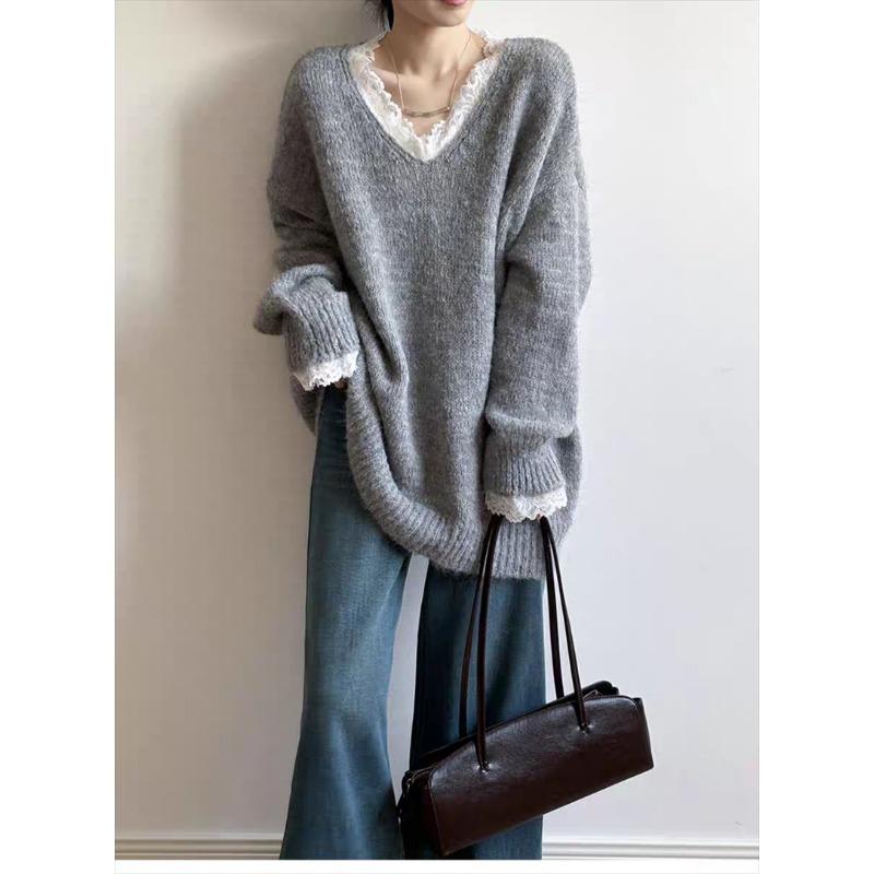 New Korean Fashion Lace Patchwork Pullover Loose Sweater Women Knitted Casual Versatile Tops Autumn and Winter V Neck Long Sleeve Solid Color Clothes