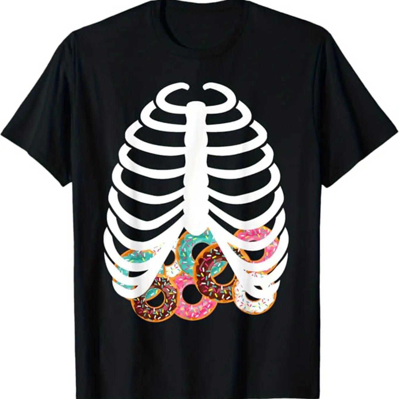 Donut Skeleton Rib Cage Halloween Graphic Tee Funny Casual Crew Neck Short Sleeve T-Shirt for Men S
