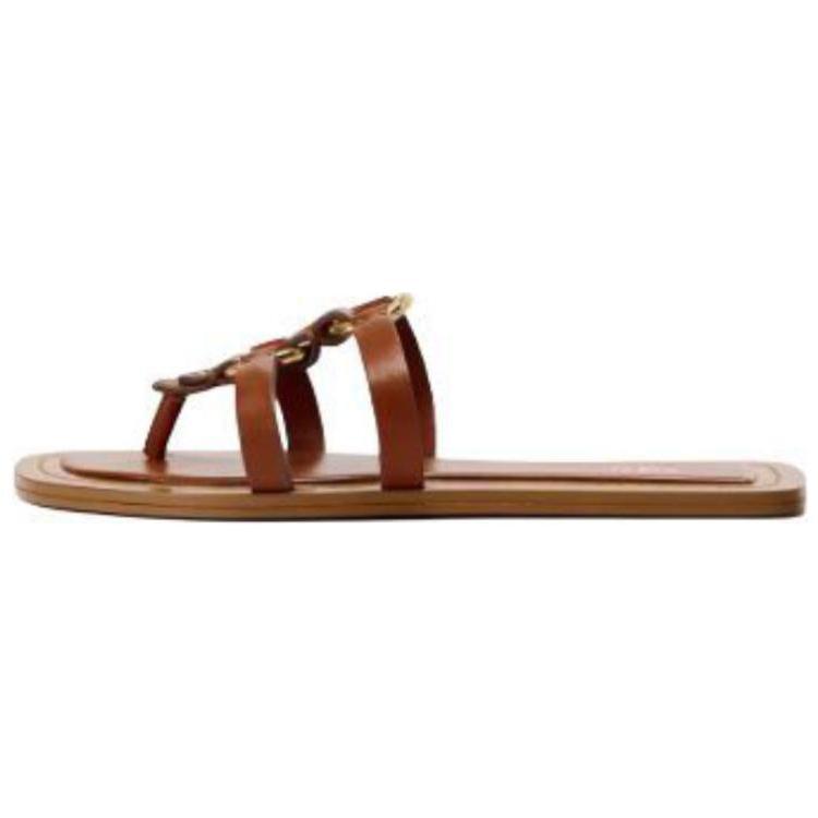 ZARA Leather Chain Detail Toe Loop Flat Sandals Brown Womens 12618410105 40