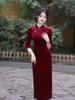 Cheongsam seven-quarter sleeves autumn and winter retro Chinese style black solid color gold velvet long daily wearable temperament