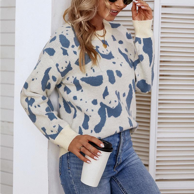 Contrast Color Animal Pattern Sweater Autumn and Winter New European and American Round Neck Sweater for Women
