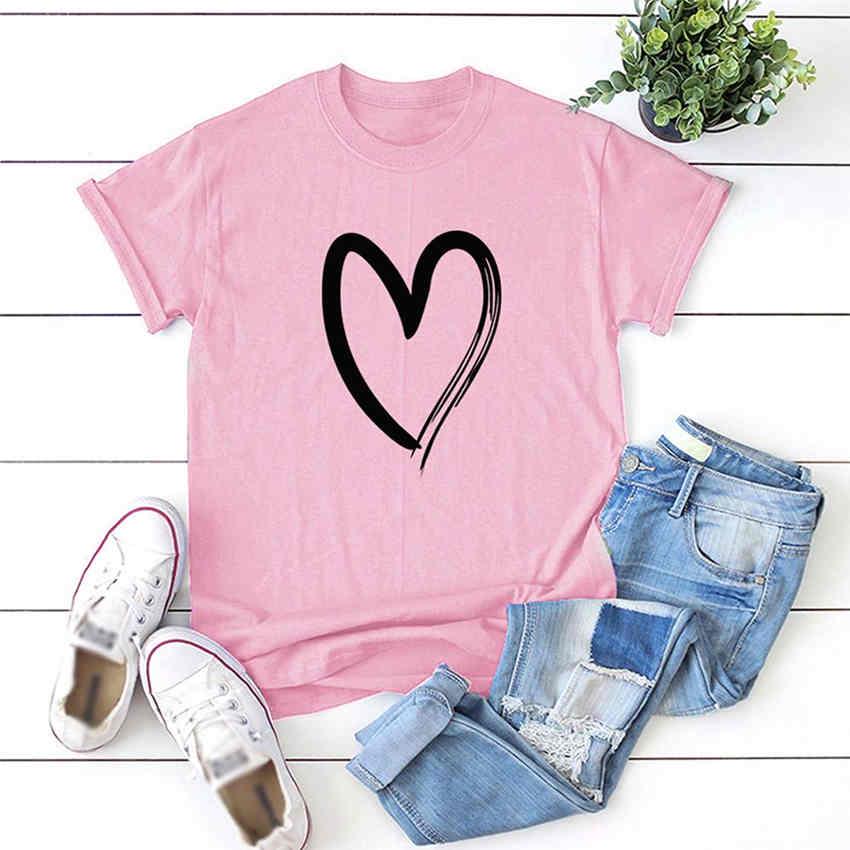 Fashion Female's Heart Pattern Print O-Neck T-shirt Short Sleeve Casual Cotton Tops