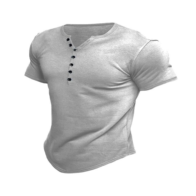 Мужская рубашка Henry Classic Style с короткими рукавами, повседневная мужская футболка в стиле ретро с V-образным вырезом и застежкой на пуговицы, очаровательный подарок для друзей S серый