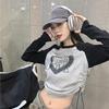 2KWEIRD Long Sleeve Tee Shirts Femme Spring Korean Contrast Color Heart Print Slim Crop Top Pleated Bandage Y2k Aesthetic Women T-shirt