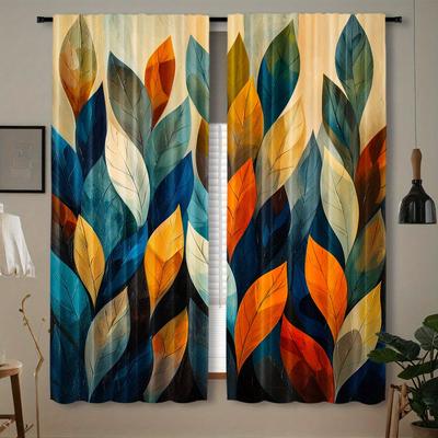 2pcs Vibrant Abstract Leaf Print Curtains - Rod Pocket   Semi-Transparent Polyester   Machine Washable - Ideal for Bedroom   Office