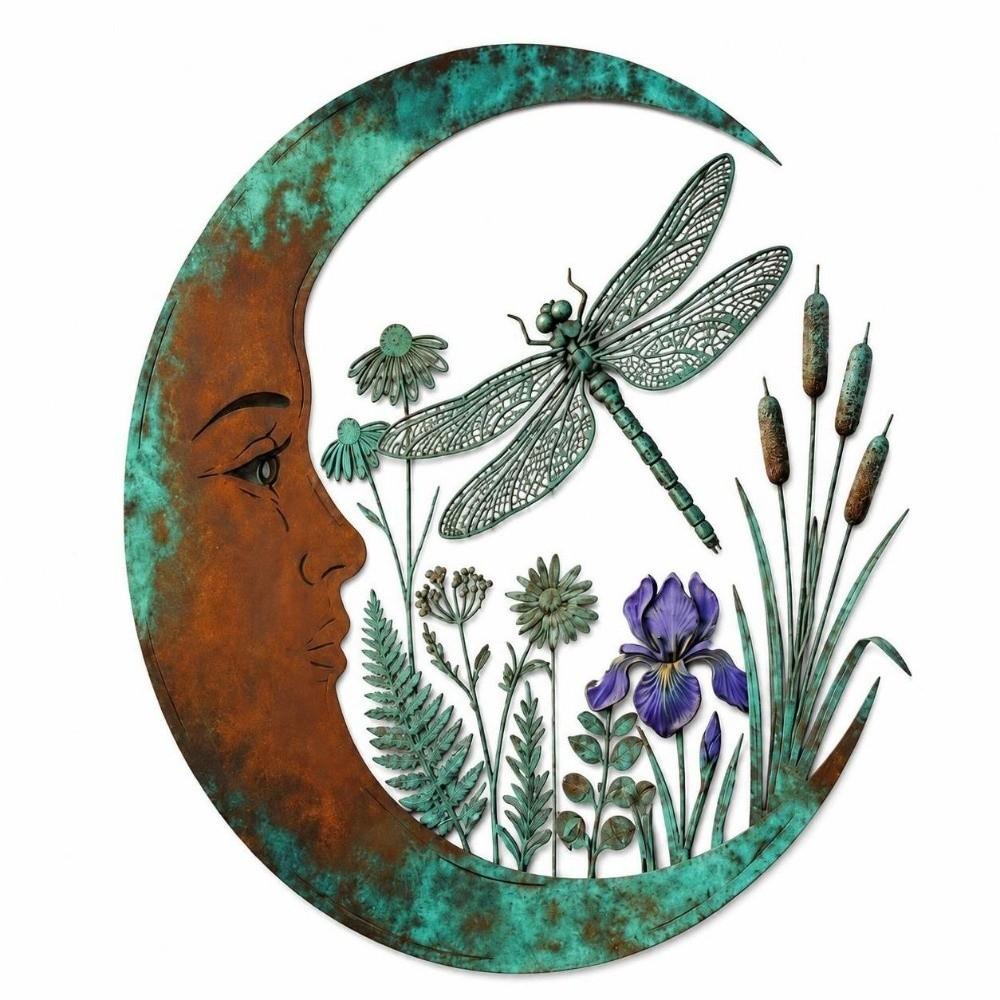Rustic Dragonfly Moon Wall Decor Weatherproof Retro Dragonfly Wall Decor Elegance Aged Finish Metal Wall Art Patio Decor