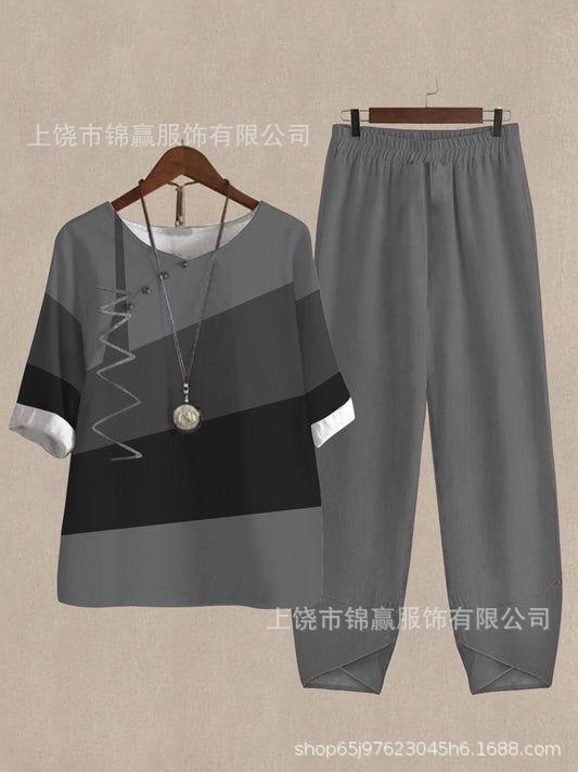 Spring and summer national style bamboo leaf plant printed women's clothing, breathable round neck medium sleeve top, elastic waist loose eight-point