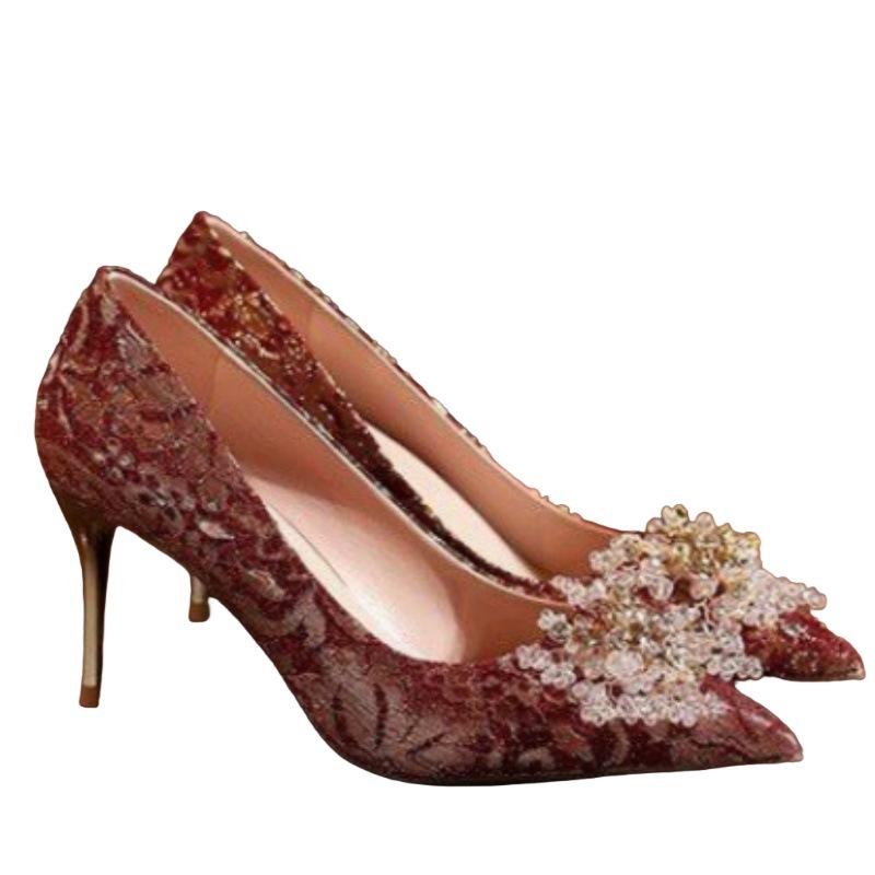 French high-end Xiuhe dress wedding shoes bride shoes red engagement Chinese embroidery texture beautiful toasting dress shoes