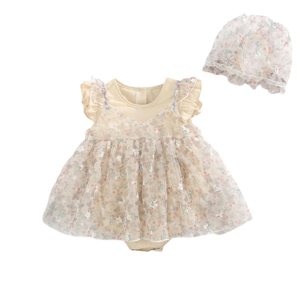 Romper Jumpsuit Bodysuit for Girls Newborn Infant Summer Flare Sleeves Overwear Hat Set Beige 12Months [Misia Luxury] 3-Piece [27156-27160]