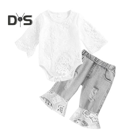 

2 шт./комплект детский костюм ажурный кружевной топ с цветочной вышивкой круглый вырез комбинезон эластичный пояс джинсовые брюки детский наряд для весенних выходов вечеринок 80 cm белый