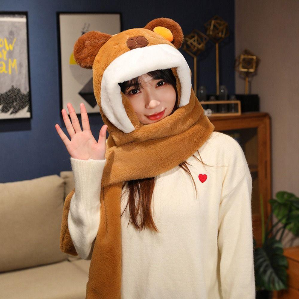 Plush Hat Scarf Gloves Set Thickened Cartoon Neck Hat Cute Capybara Beanie Cap