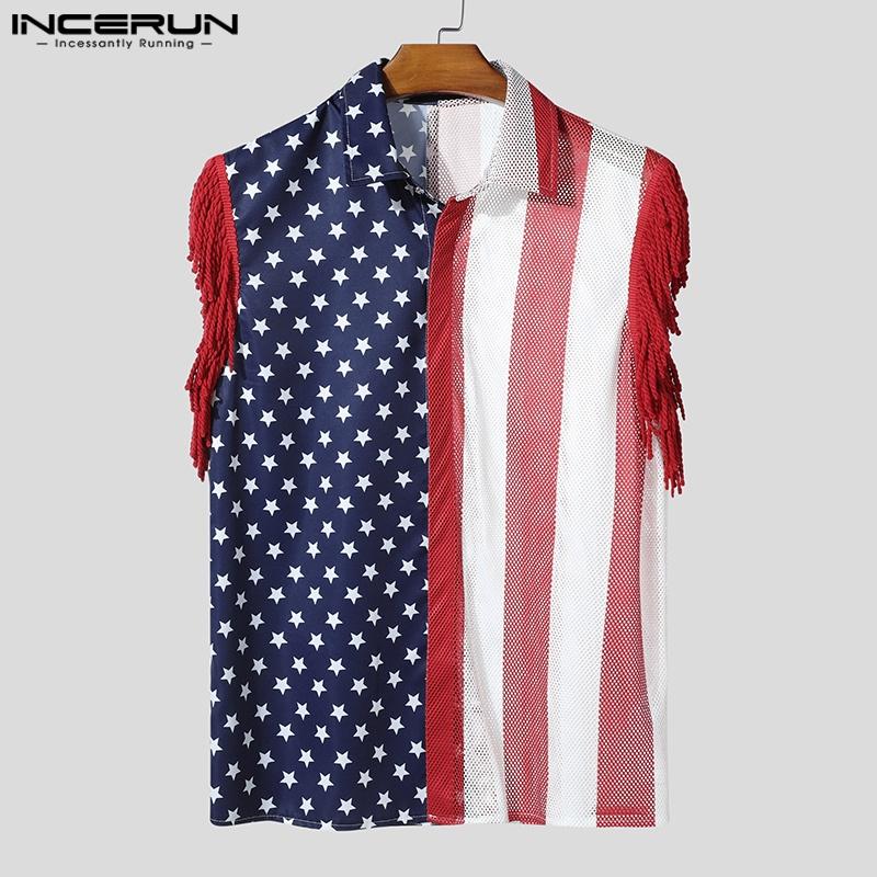 INCERUN Summer Men Lapel Tassel Sleeve Stitching Print Mesh Sheer Casual Tank Tops
