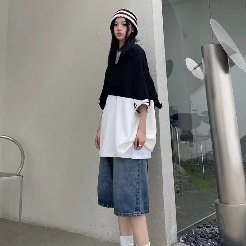 High Street Retro Blue Jeans Shorts Women Summer New Baggy Wide Leg Denim Half Pants Fashion Streetwear Y2k Clothing Oversize