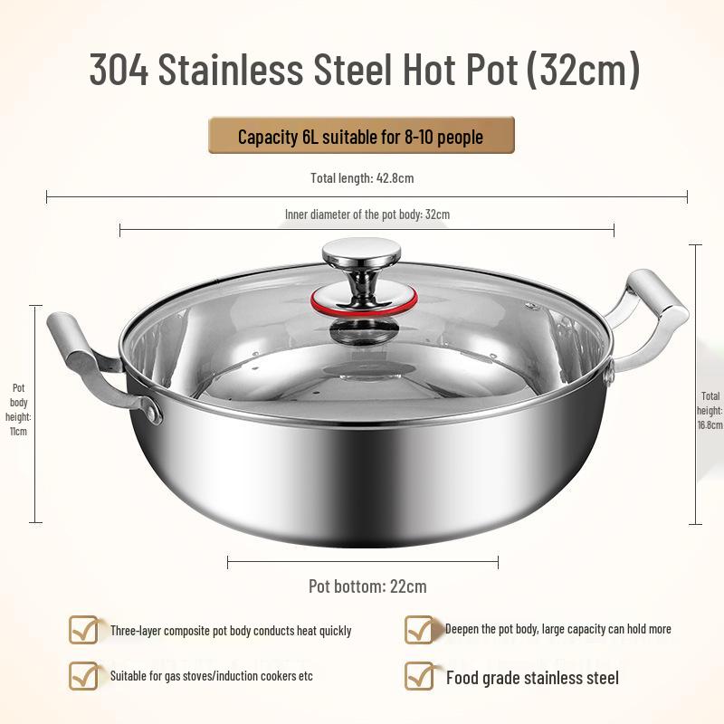 304 Food-Grade Stainless Steel Triple-Layer Stockpot for Induction Cookers - Perfect for Clear Soups and Universal Boiling, Uncoated.