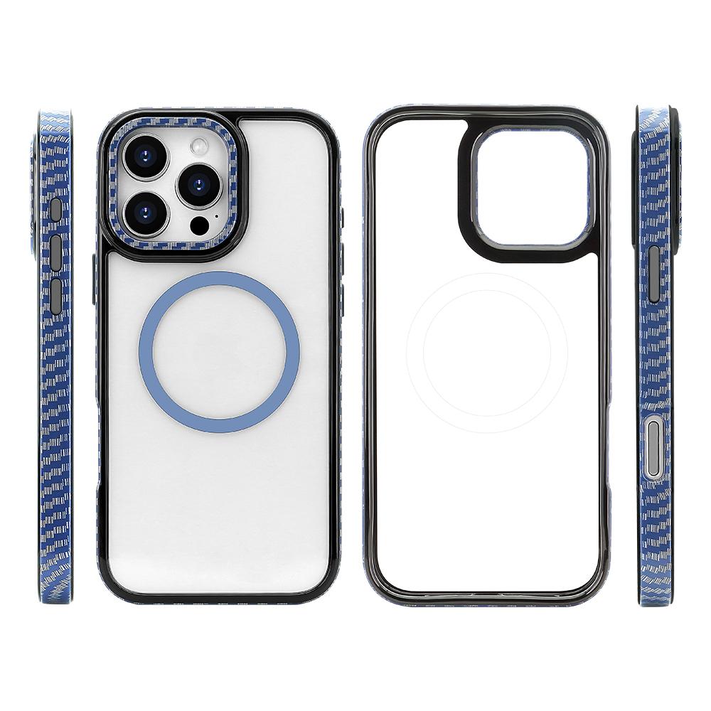 For iPhone 16 pro Max Strong Magnetic Phone Case Carbon Fiber Pattern Frame Transparent Cover for iPhone 16 pro, Wireless Charge