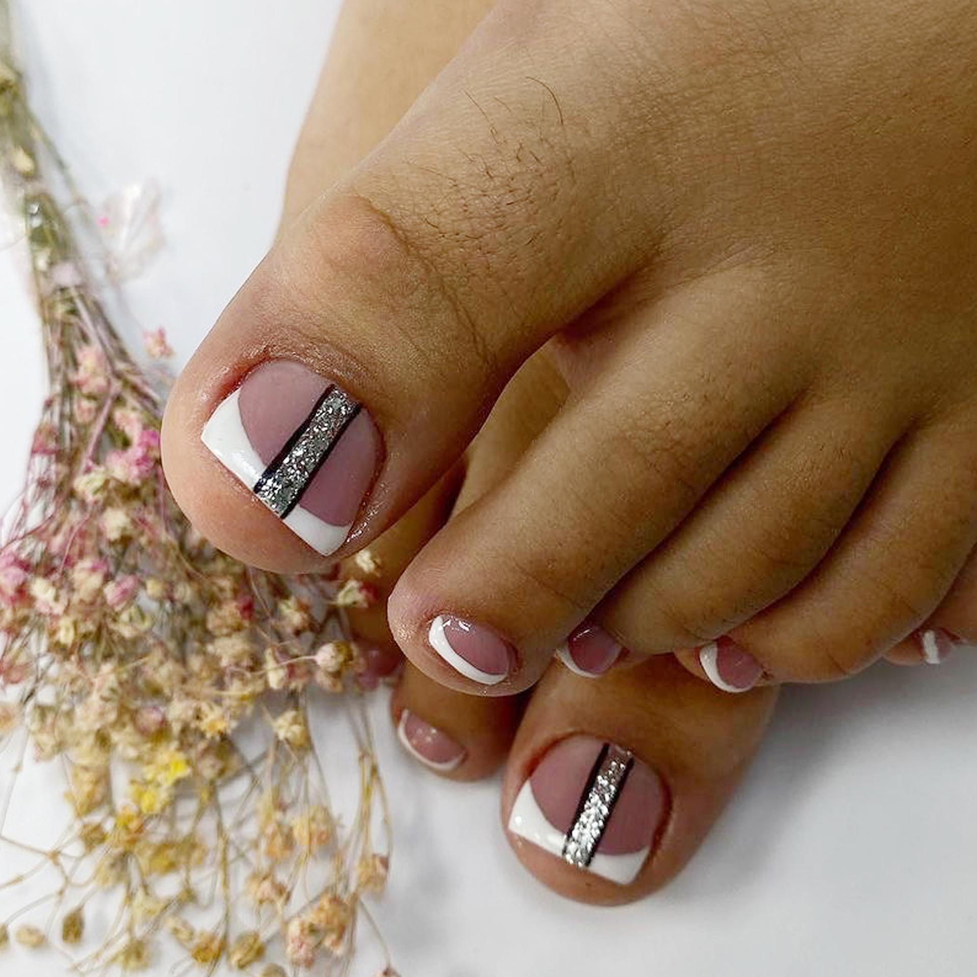 French Silver Glitter Black Stripe Short Pedicure Tips Adhesive Type