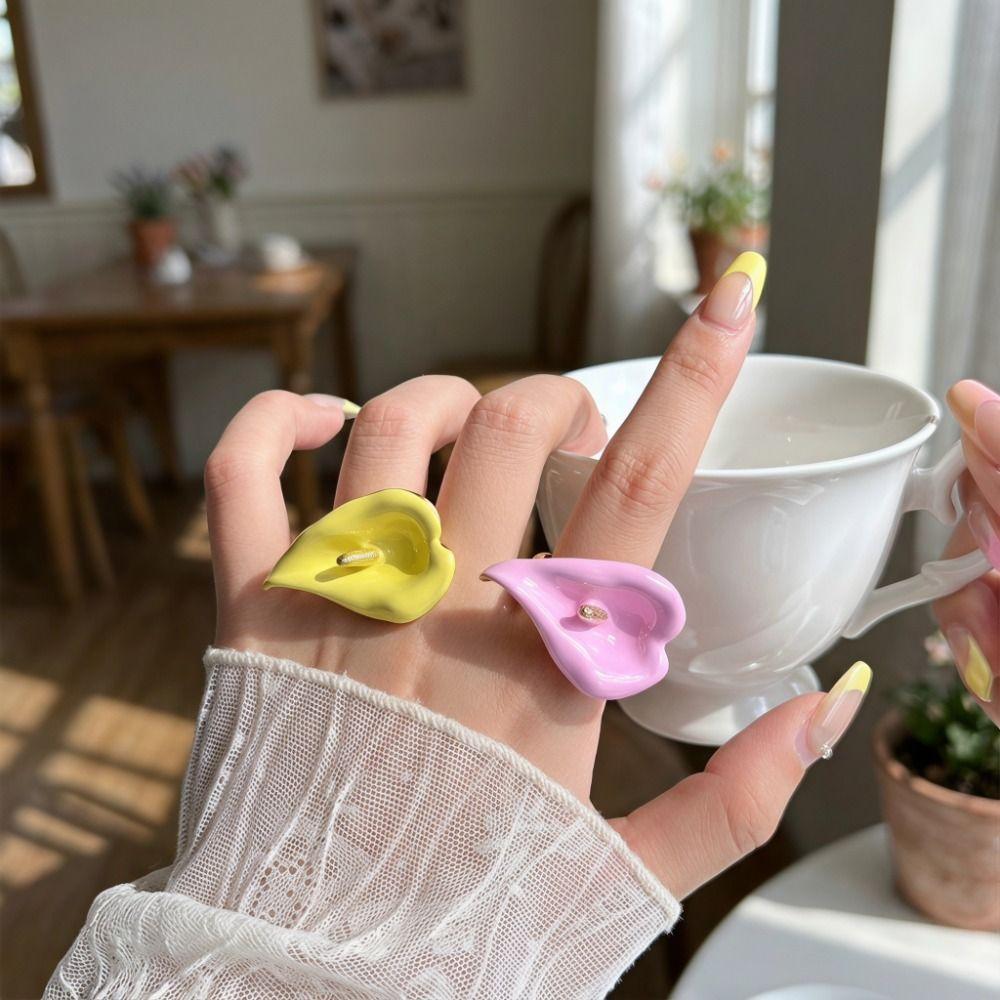 Metal Emalje Kalla Blomst Ring Justerbar Vintage Ring Personlighed Geometrisk Åben Ring Kvinder