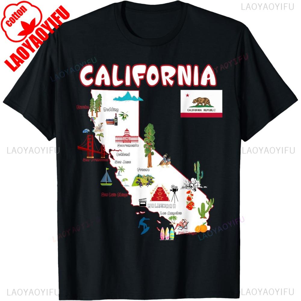 Map of California Landmarks Major Cities Flag Tshirt Funny California Souvenir Tshirt Men Women Casual Crewneck Cotton Tee