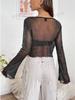 2024 Sommer Damen Pailletten Mesh Durchsichtig Langarm Rundhals Casual Top