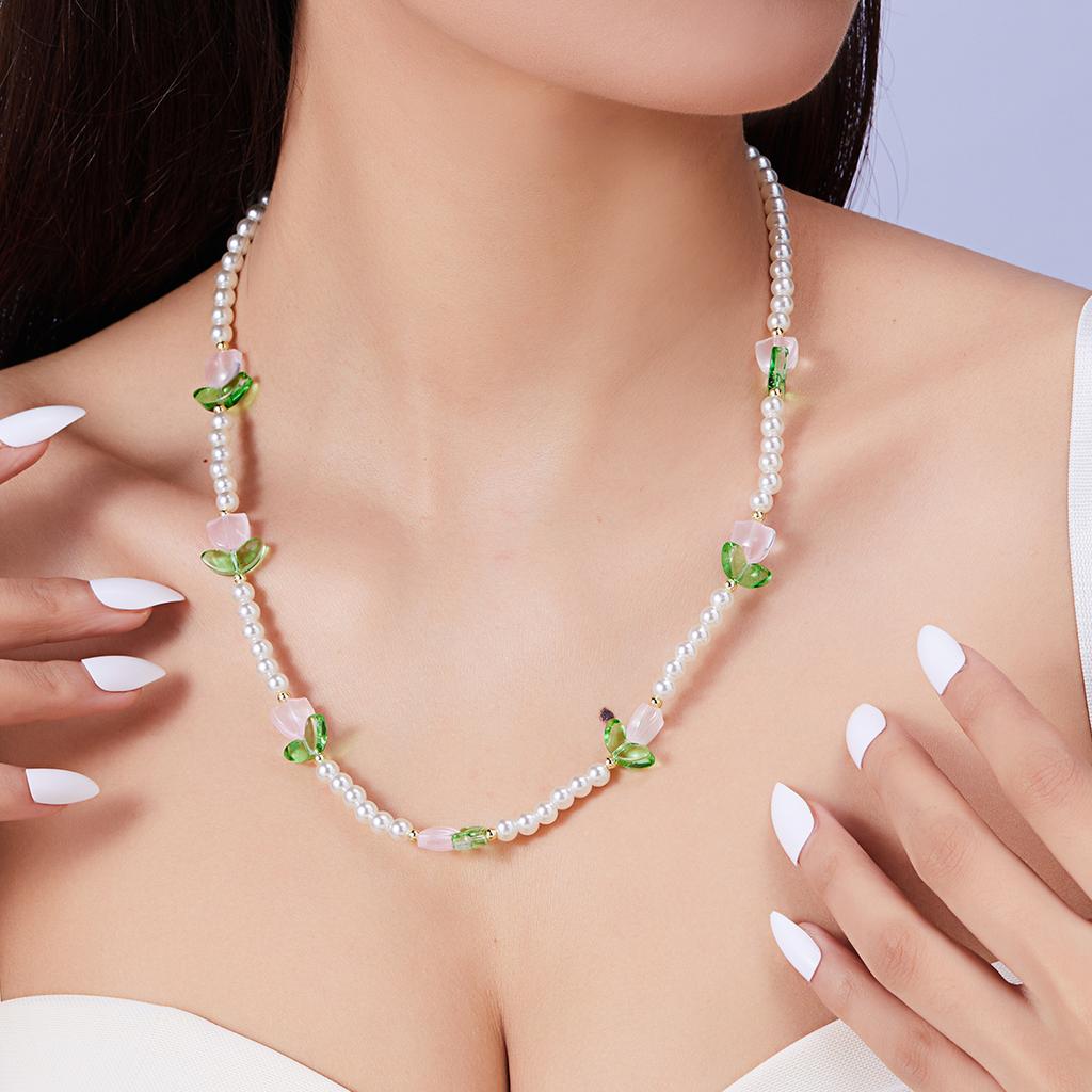Neues Mode Süßes Tulpenblumen Halskette Armband Set Für Frauen Elegante Perlen Schlüsselbein Kette Halskette Party Schmuck Geschenk