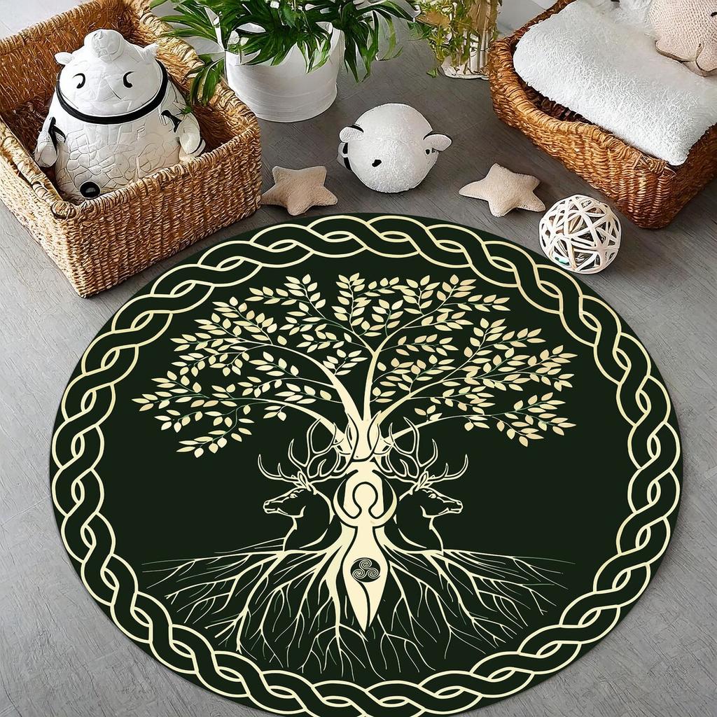 Yin Yang Lebensbaum Runder Teppich, Psychedelischer Runder Teppich mit Tag- und Nacht-Design Teppich, Spirituelle Boho Meditationsmatte