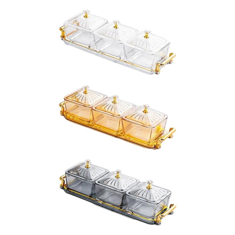 Glass 3 Section Snacks Organizers With Protective Lid And Tray and Removable Bowls For Kitchen Dining Room Display