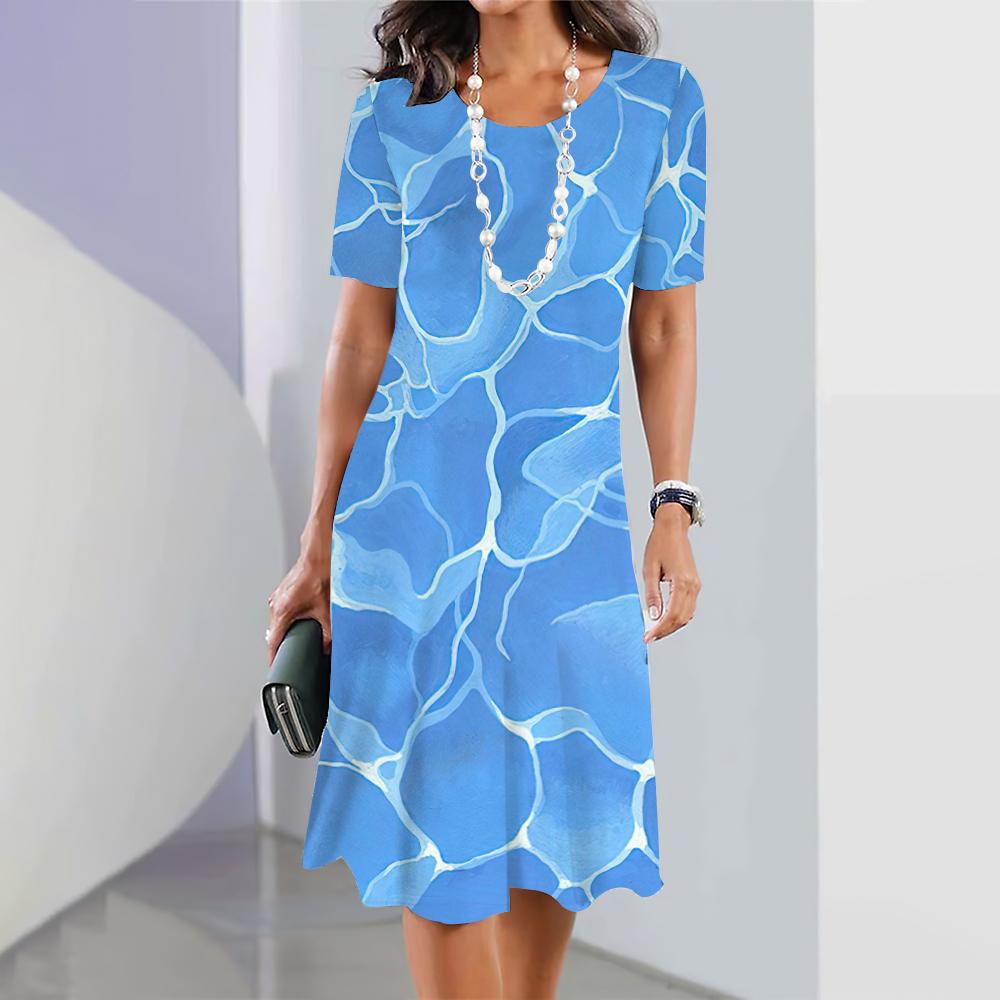 Abito estivo a righe curve da donna, a maniche corte, con scollo rotondo, casual, quotidiano, lunghezza al ginocchio, elegante, abiti da festa 2024