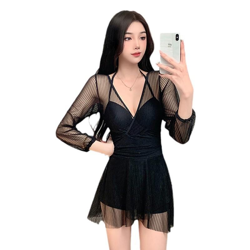 Women's 2026 Summer One-Piece Lace Swimsuit - Skirt Style, Slimming, Push-Up, Long Sleeve, Small Bust Enhancer.