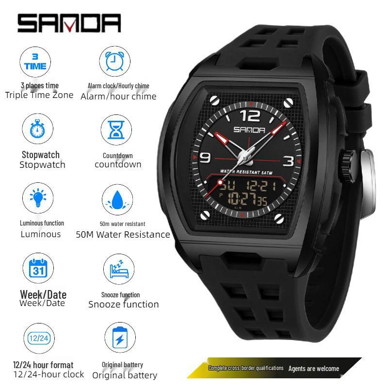 Sanda Men's Sports Barrel-Shaped Luminous Countdown Watch with Triple Time Zone and Dual Display, Waterproof Design.