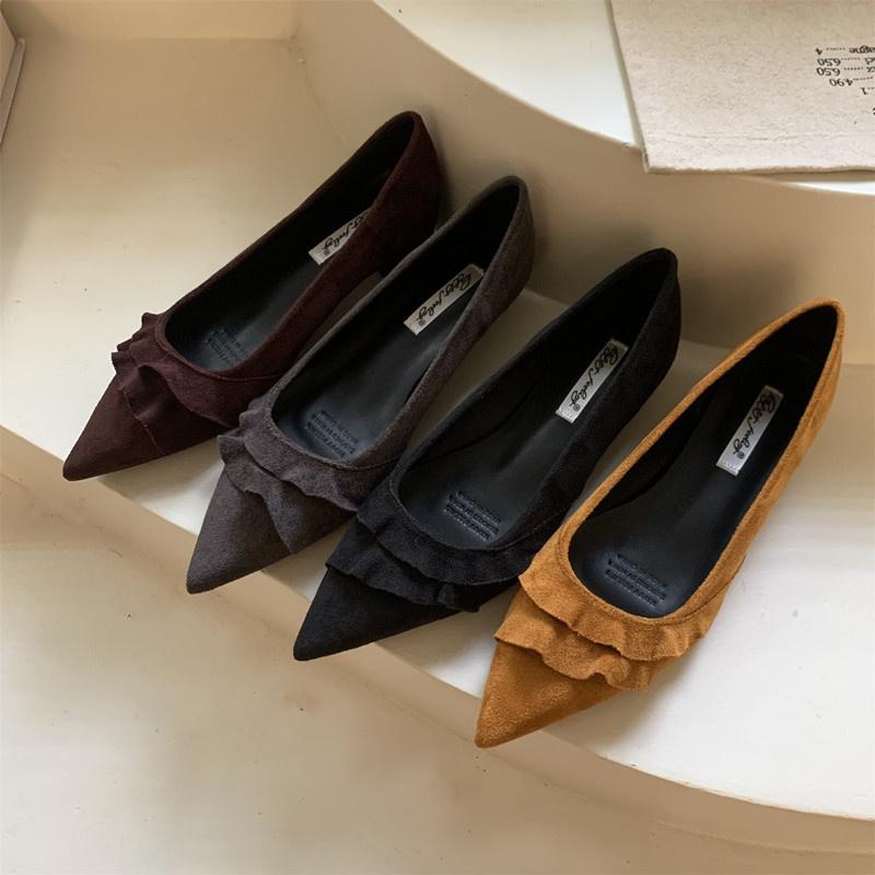 Fashion Bailamos 2025 Autumn Women Single Shoes Square Low Heel Dress Pumps Shoes Fashion Ruffles Pointed Toe Shallow Slip On Boat Shoes