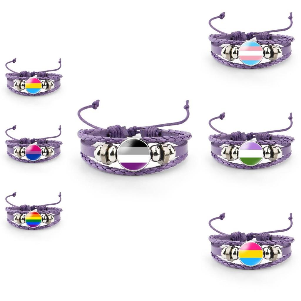 Unique Purple Leather Bracelet With Rainbow Flag Time Gemstone For Men And Women