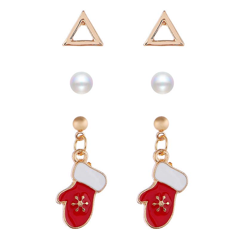 Christmas Drop Oil Small Stud Earrings Set, Santa Claus Snowflake Elk Pearl Zircon Combination 3-Piece Earrings.