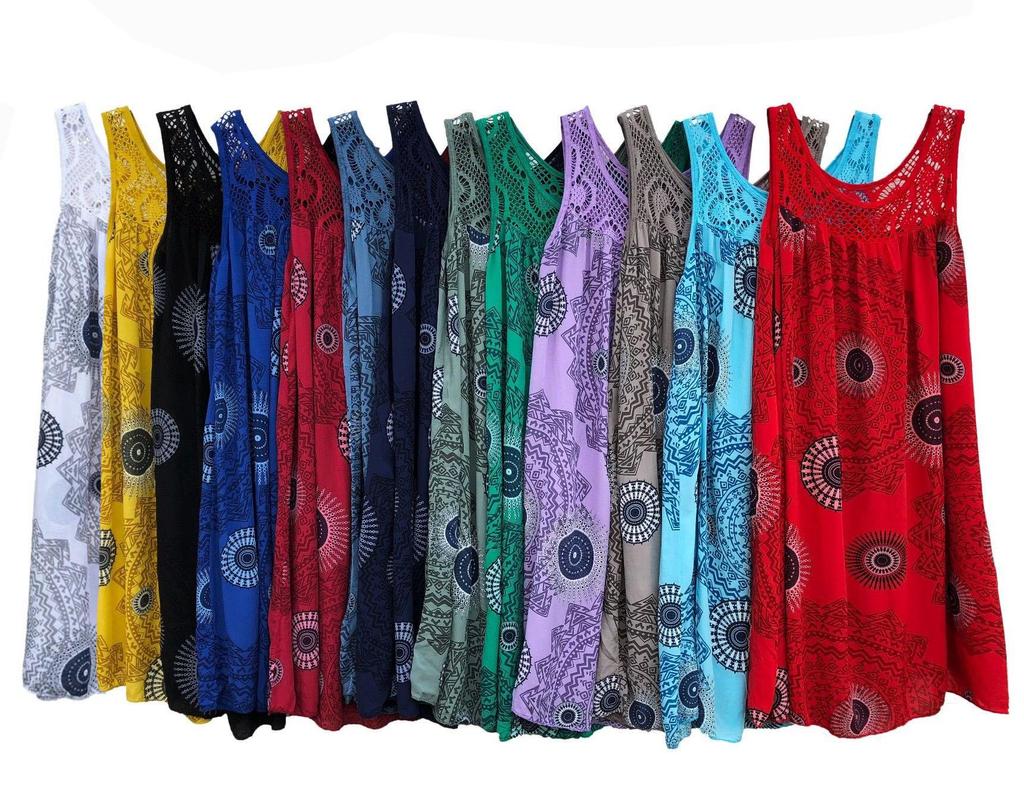 Vestido Swing Sin Mangas con Estampado de Encaje - Estilo Europeo y Americano