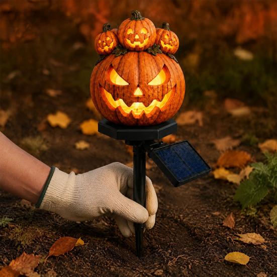 Halloween Party Accessory Solar Pumpkin Garden Stake Light, Waterproof Resin LED Jack O Lantern Lantern, Spooky Yard Lighting for Outdoor