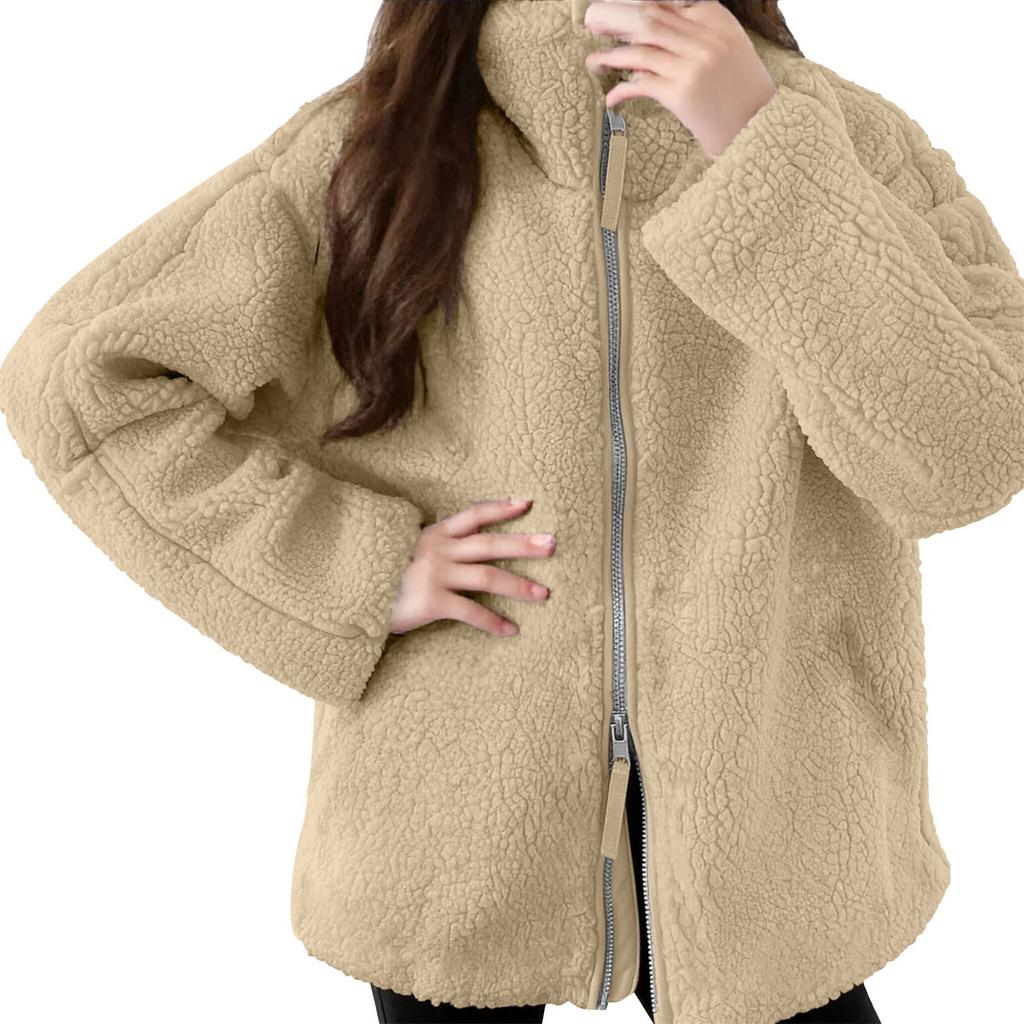 Nowy Jesienno-zimowy Styl Damski Jednokolorowy Luźny Wełniany Płaszcz z Wysokim Dekoltem Wykonany z Wełny Jagnięcej