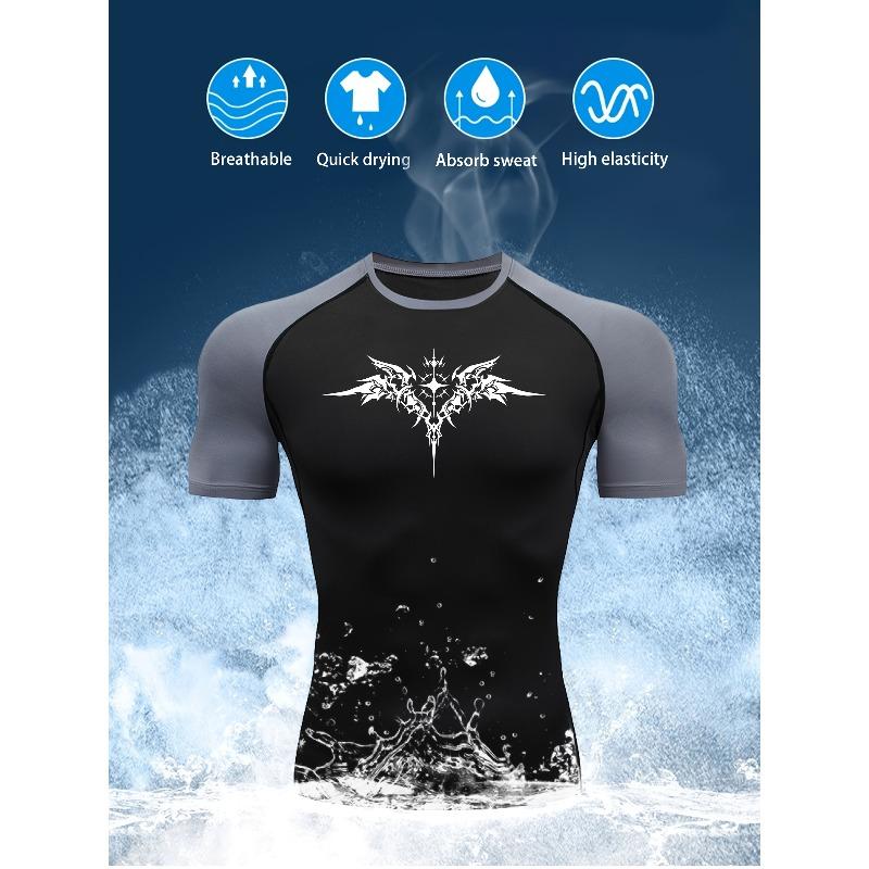 Men's Dark Tribal Tattoo Cross Compression T-Shirt Absorb Sweat for Gym Running Fitness Training