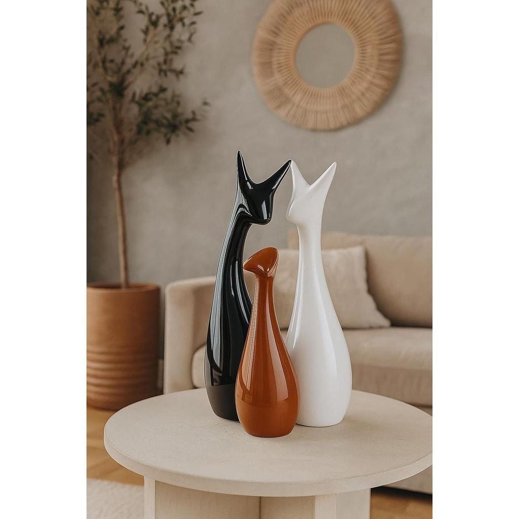 Home Decoration Lucky Deer Family Set | Piano Finish Ceramic Figures - (Set of 3, Black, White & Brown - Deer Family)