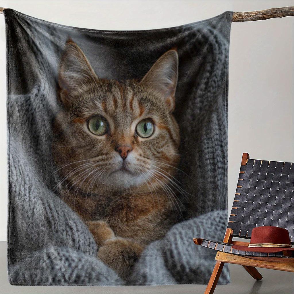 Cat Blanket Realistic Tabby Cat Print Fleece Throw Soft Cozy Pet Lover Gift Home Decor Animal Art Bedding Cover Warm Comforter