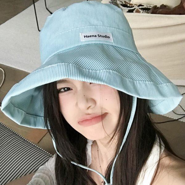 Neuer japanischer frischer gestreifter Fischerhut für Damen Sommer Mode Vielseitiger Sonnenschutz Großer Kopfumfang Zeigt Gesicht Schmal