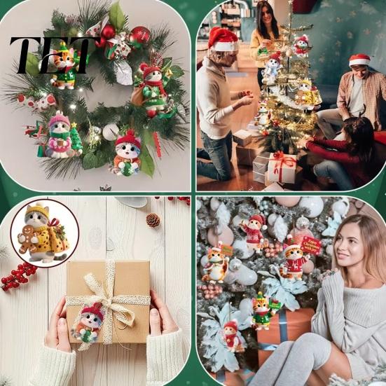 Cute Animal Tree Ornaments Kitten Christmas Hanging with Lanyards, Wooden Cat Pendants for Pendants, Decorative Charms Holiday Home Party Wall