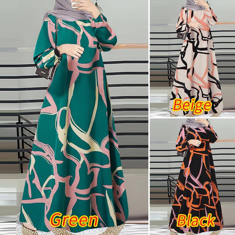 Cross-Border 2025 Long Sleeve Printed Middle Eastern Muslim Malay Dress - Long Robe, Round Neck