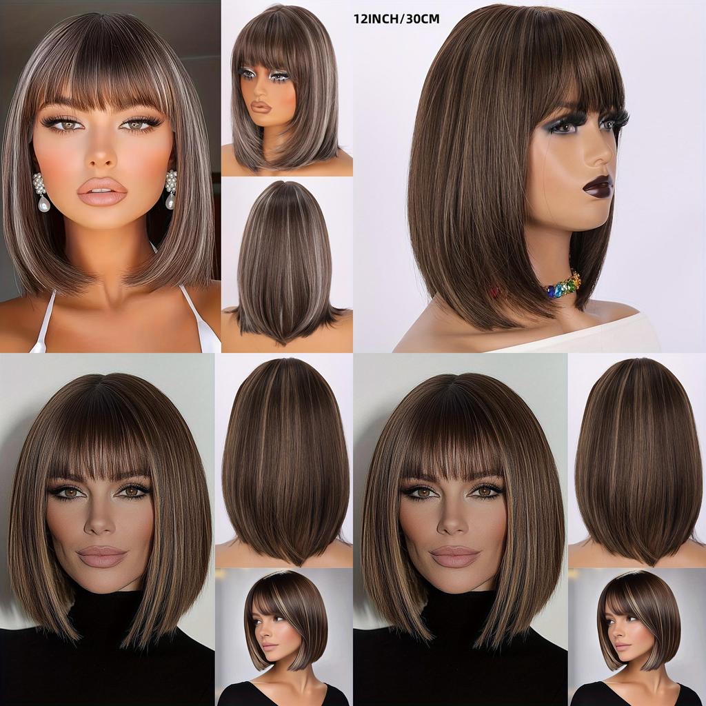 Short Straight Hair Wig With Bangs For Women Hightemperature Silk For Fashionable Ladies