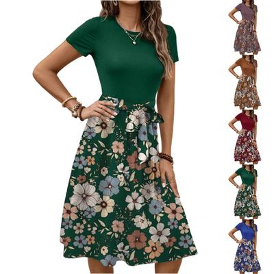 Women's Fashionable Retro Patterned Printing Color Blocked Belt Casual Dress
