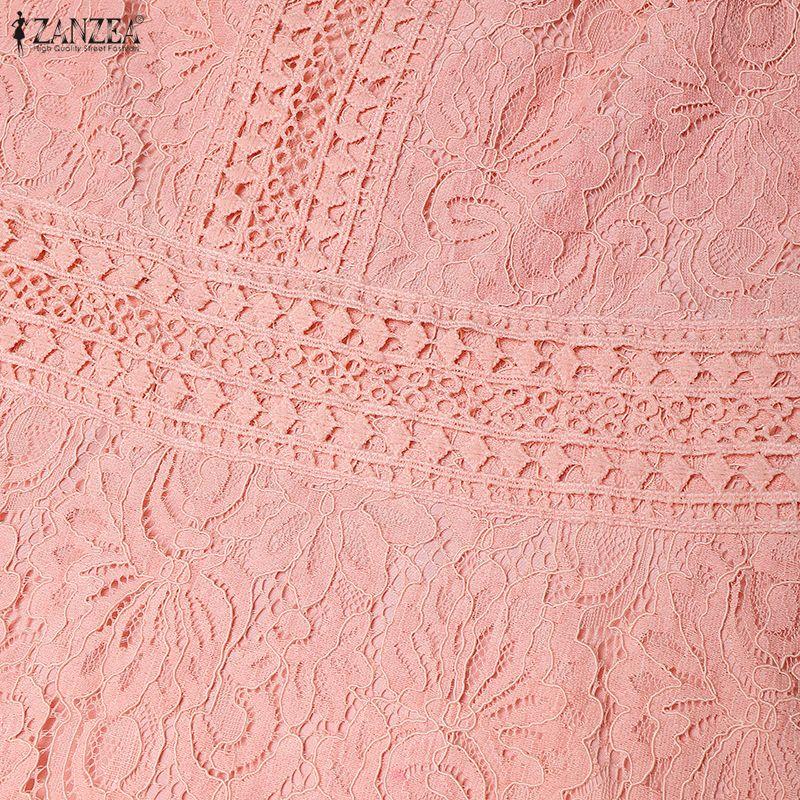 ZANZEA Women Casual Round Neck Flare Sleeve Elegant Lace Patchwork Long Dress