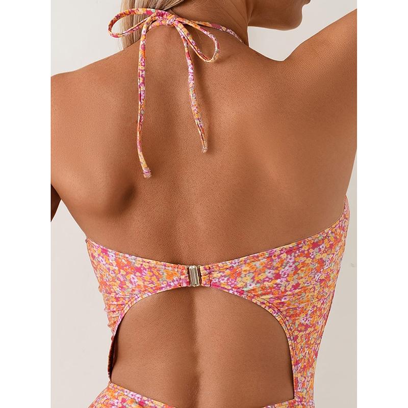 Sexy One-Piece Swimsuit Floral Halter Neck Beach Sand Design Baring Belly Cross-Border New Arrival Women's Swimwear