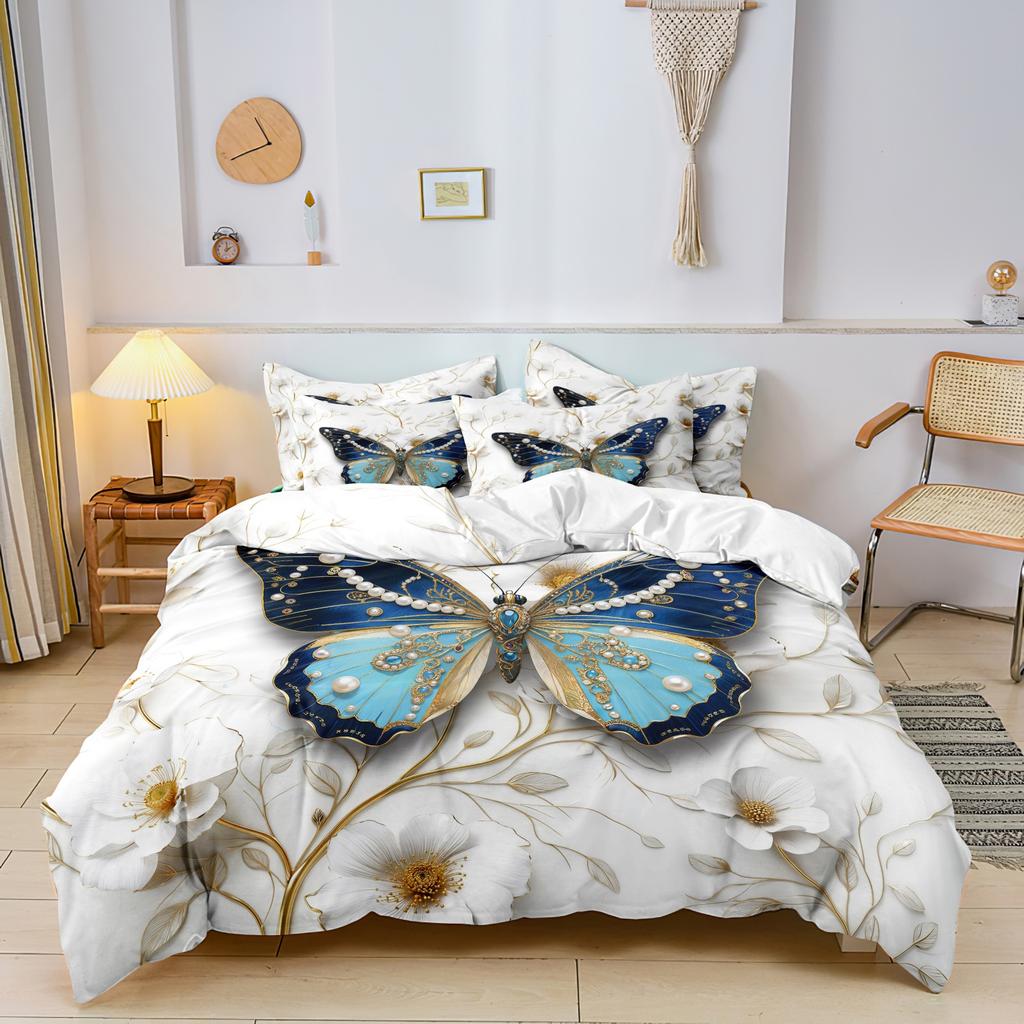 3Pcs Pearl Blue Butterfly Print Duvet Cover, Golden Stem White Flower Jewel Butterfly Printed Bedding, Multiple Sizes Available